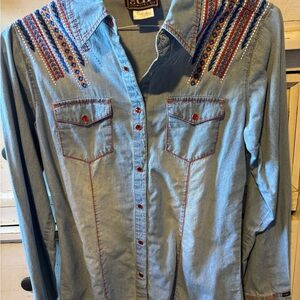 Embroidered Denim Button-Up Shirt
